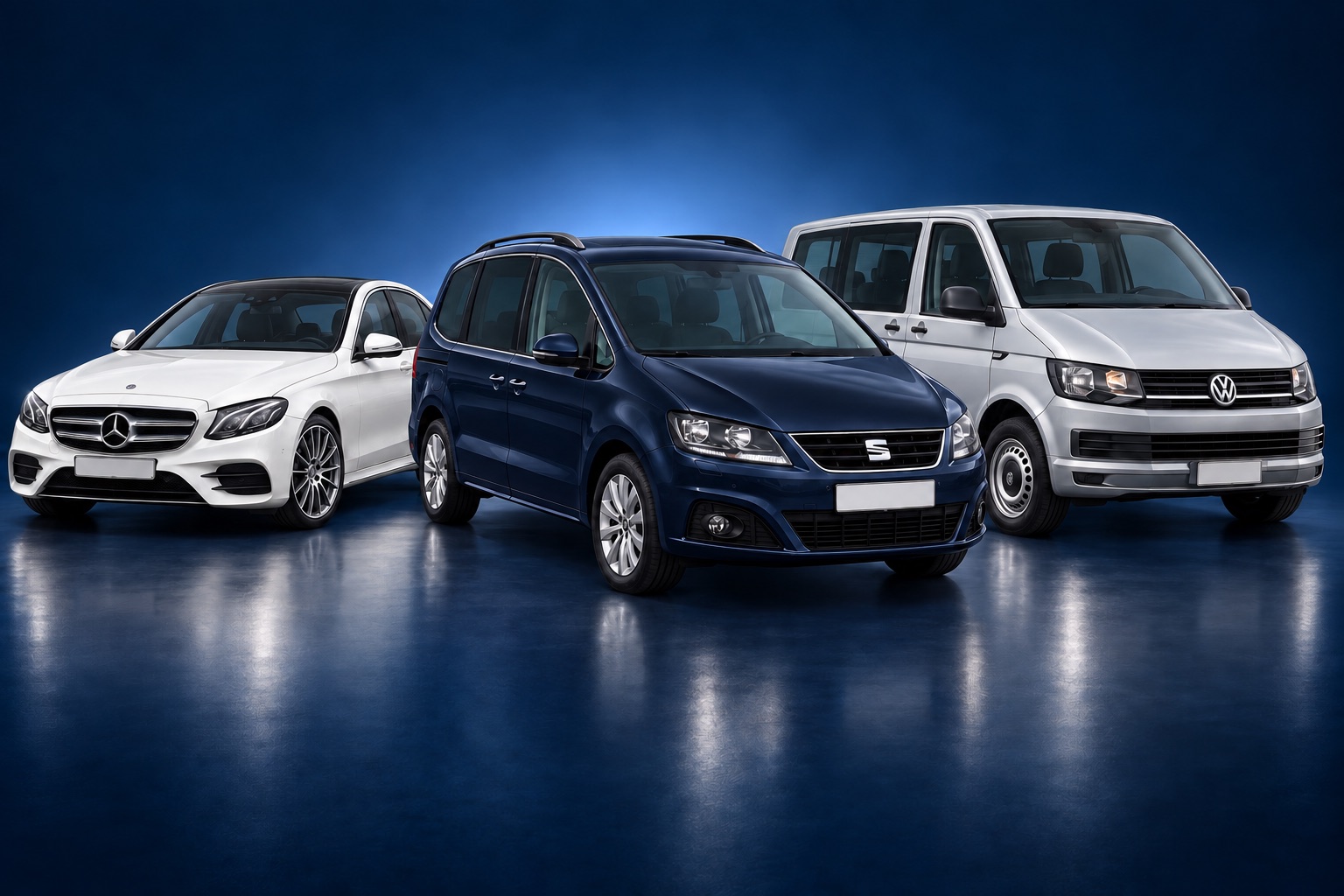 Representative fleet: a navy SEAT Alhambra, white Mercedes E-Class and silver VW Transporter with colour-coded bumpers